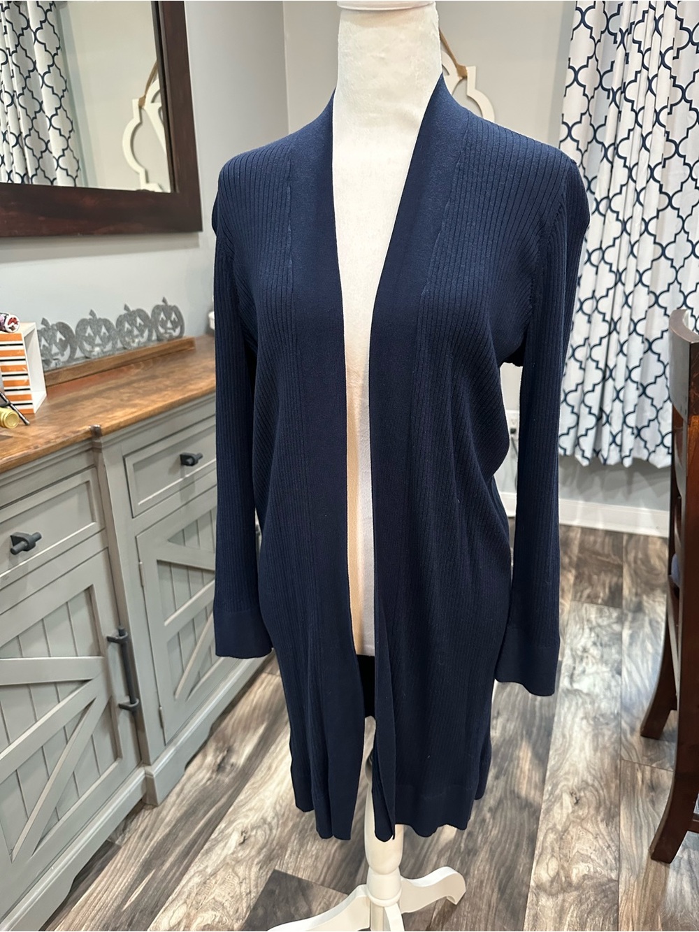 LOFT Navy Open-Front Ribbed Long Cardigan